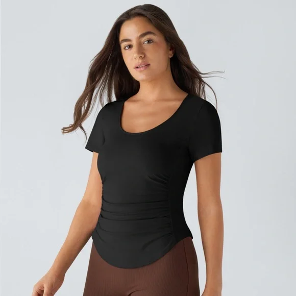 Halara U Neck Short Sleeve Backless Cut Out Ruched Curved Hem Yoga Sports Top - Picture 4 of 7